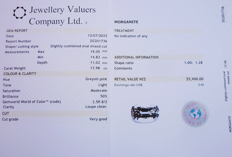 17.98CT 認定済み未処理ルーペ クリーンな巨大な 100% 天然モルガナイト