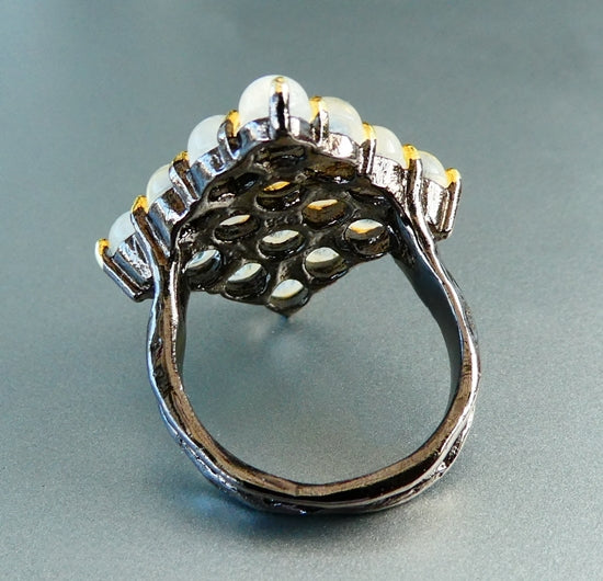 35.00CT 輝く 100% 天然ムーンストーン ブラックロジウム 925 スターリングシルバー リング