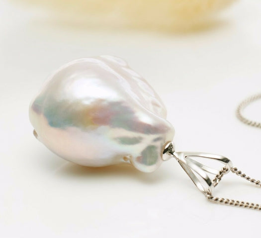 35.00CT GLOWING HUGE WHITE JAPANESE KASUMI PEARL 14K SOLID WHITE GOLD PENDANT