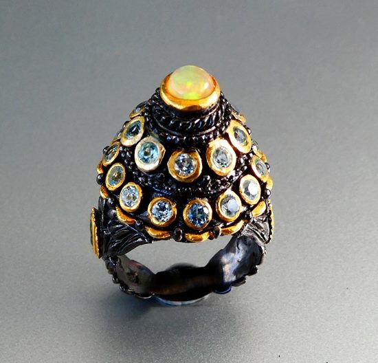 72.50 CT ユニークなトルコ デザイン オパール トパーズ &amp; ペリドット ブラック ロジウム 925 シルバー リング