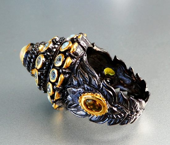 72.50 CT ユニークなトルコ デザイン オパール トパーズ &amp; ペリドット ブラック ロジウム 925 シルバー リング