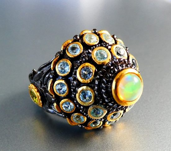 72.50 CT ユニークなトルコ デザイン オパール トパーズ &amp; ペリドット ブラック ロジウム 925 シルバー リング